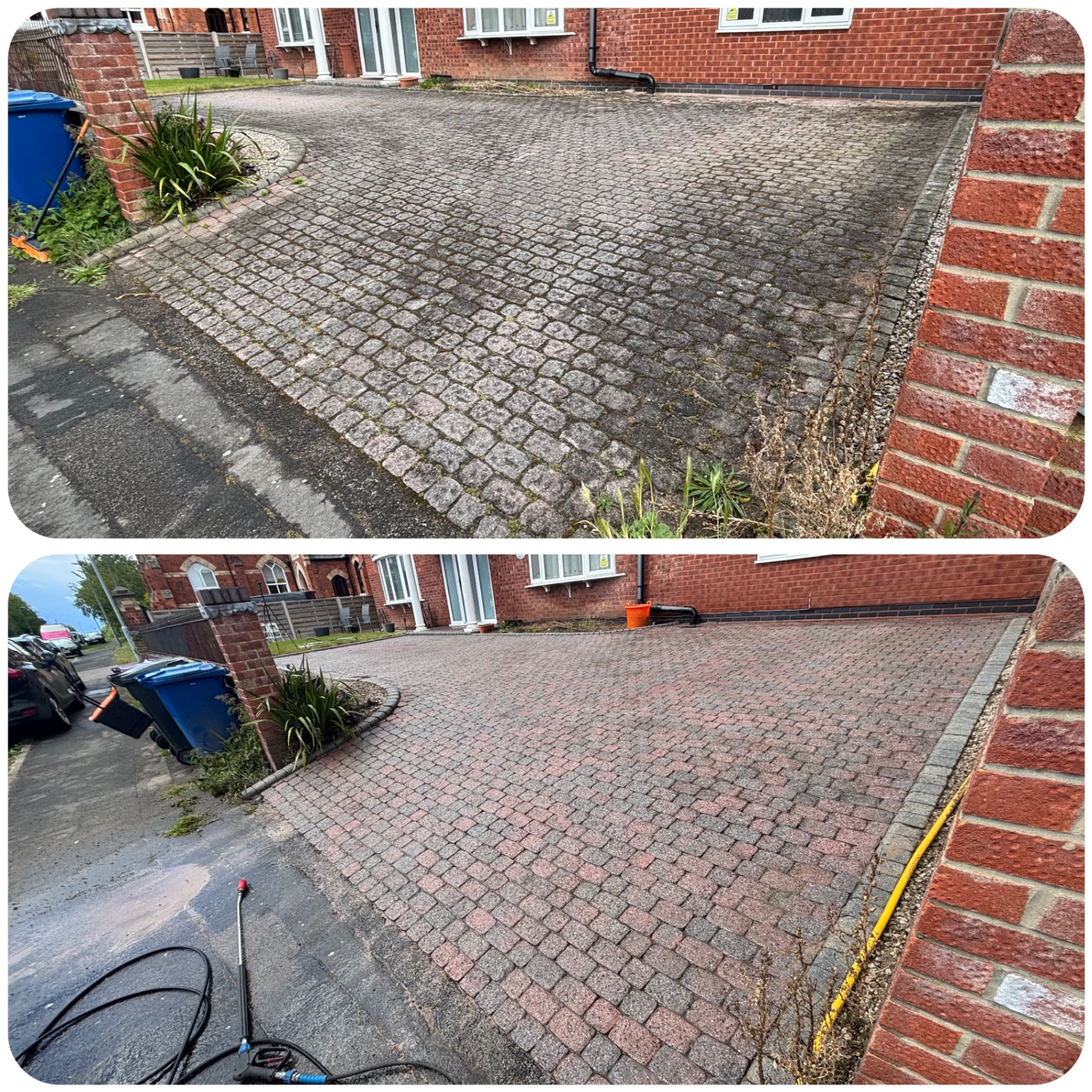 Before and after block paving driveway clean at a residential property in Newton on Trent